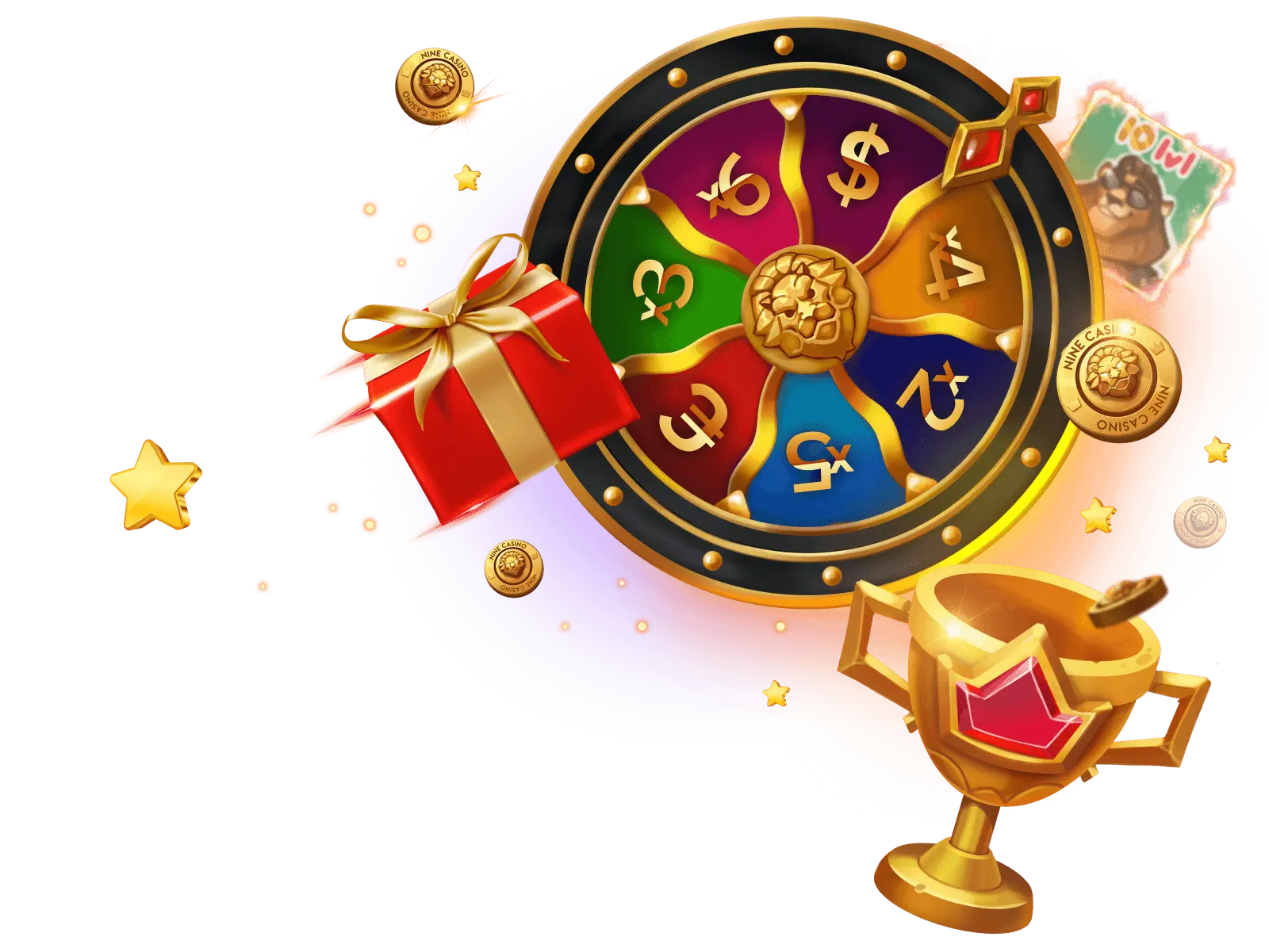 Art from the gamification block of the Nine Casino home page Wheel of fortune, gift box and golden cup